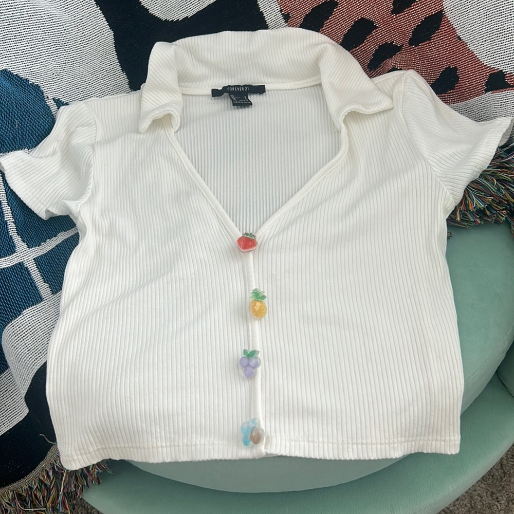 Forever21 Fruit Buttons Button Down ribbed crop short sleeve white size S